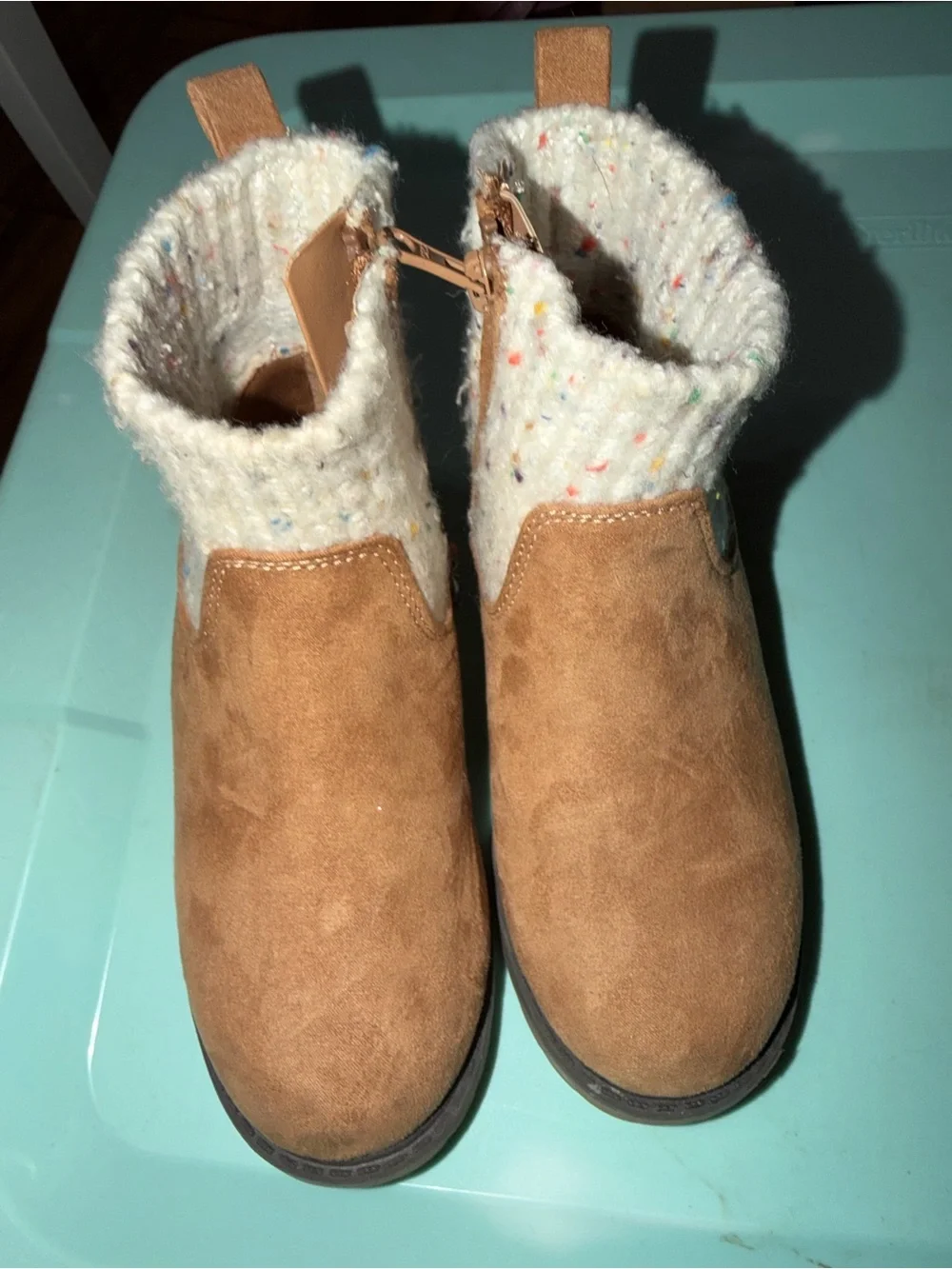 Cat & Jack | Tan Suede Boots with Cream Speckled Knit Collar, size 10